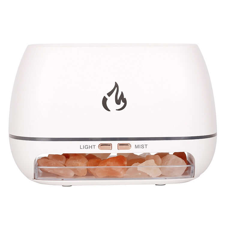AetherFlame humidifier and diffuser in sleek white with LED flame design, perfect for enhancing any space.