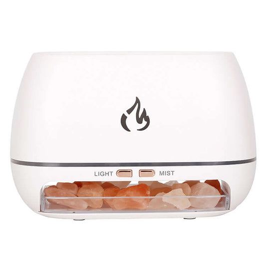 AetherFlame humidifier and diffuser in sleek white with LED flame design, perfect for enhancing any space.