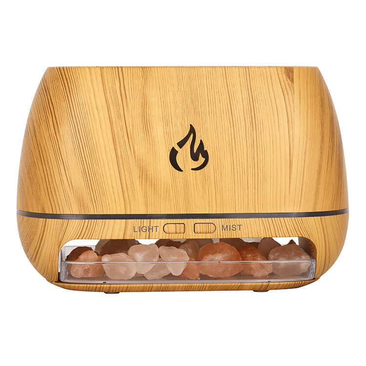 AetherFlame aroma diffuser featuring a natural wood design, advanced humidifier with flame logo and LED light.