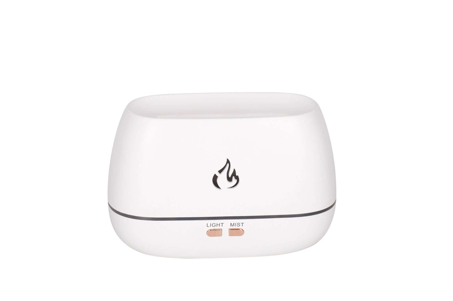 AetherFlame aroma diffuser in sleek white finish with LED flame effect, designed as a humidifier for stylish home decor.