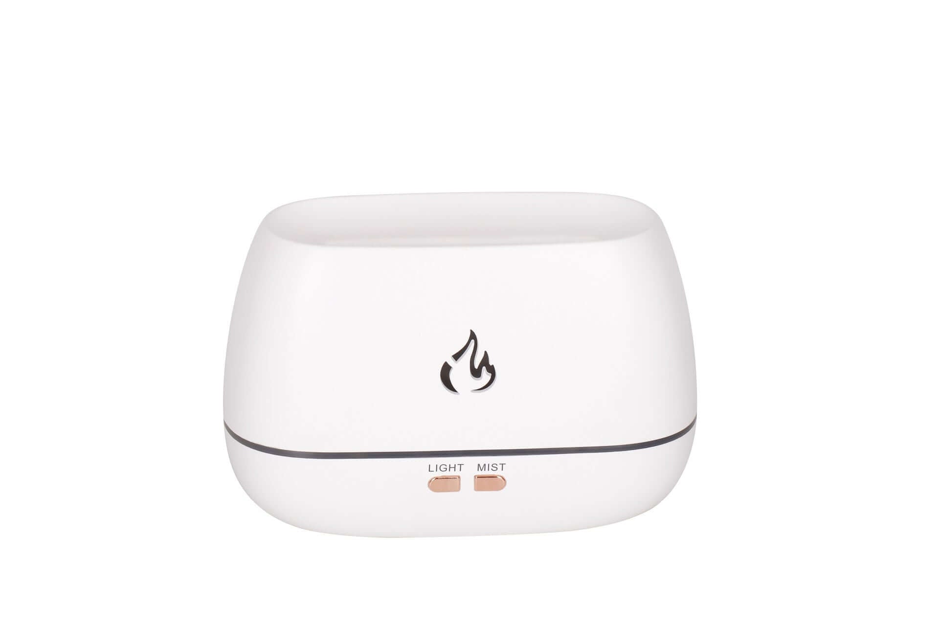 AetherFlame aroma diffuser in sleek white finish with LED flame effect, designed as a humidifier for stylish home decor.