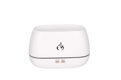 AetherFlame aroma diffuser in sleek white finish with LED flame effect, designed as a humidifier for stylish home decor.