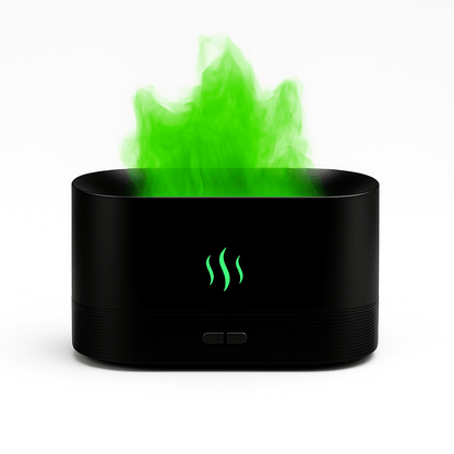 Humidifire humidifier with vibrant green steam, simulating flame for improved air quality and ambiance.